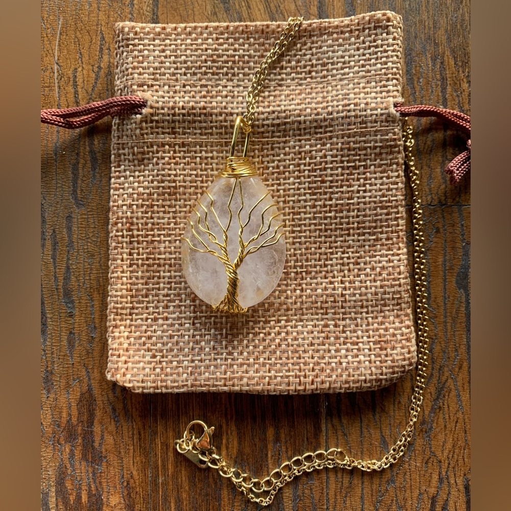 Brand New Wire-Wrapped Clear Quartz Drop Pendant with Gold plated Chain